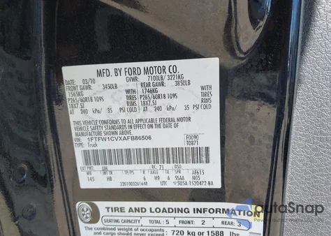 2010 Ford F-150 Lariat/Xl/Xlt z USA, uszkodzony, nr VIN 1FTFW1CVXAFB86506